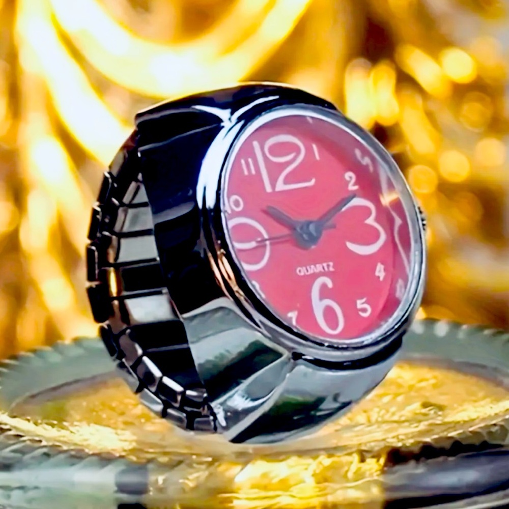 New - Y2K - Stainless Steel - Punk Fashion - Adjustable Ring Watch - Rose Red